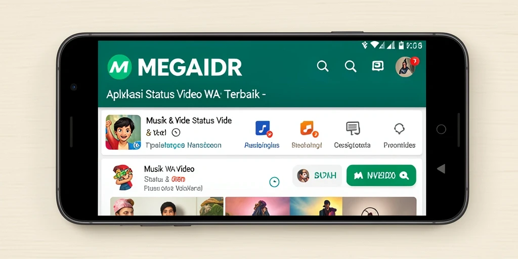 Antarmuka MEGAIDR menampilkan pilihan video status yang beragam.